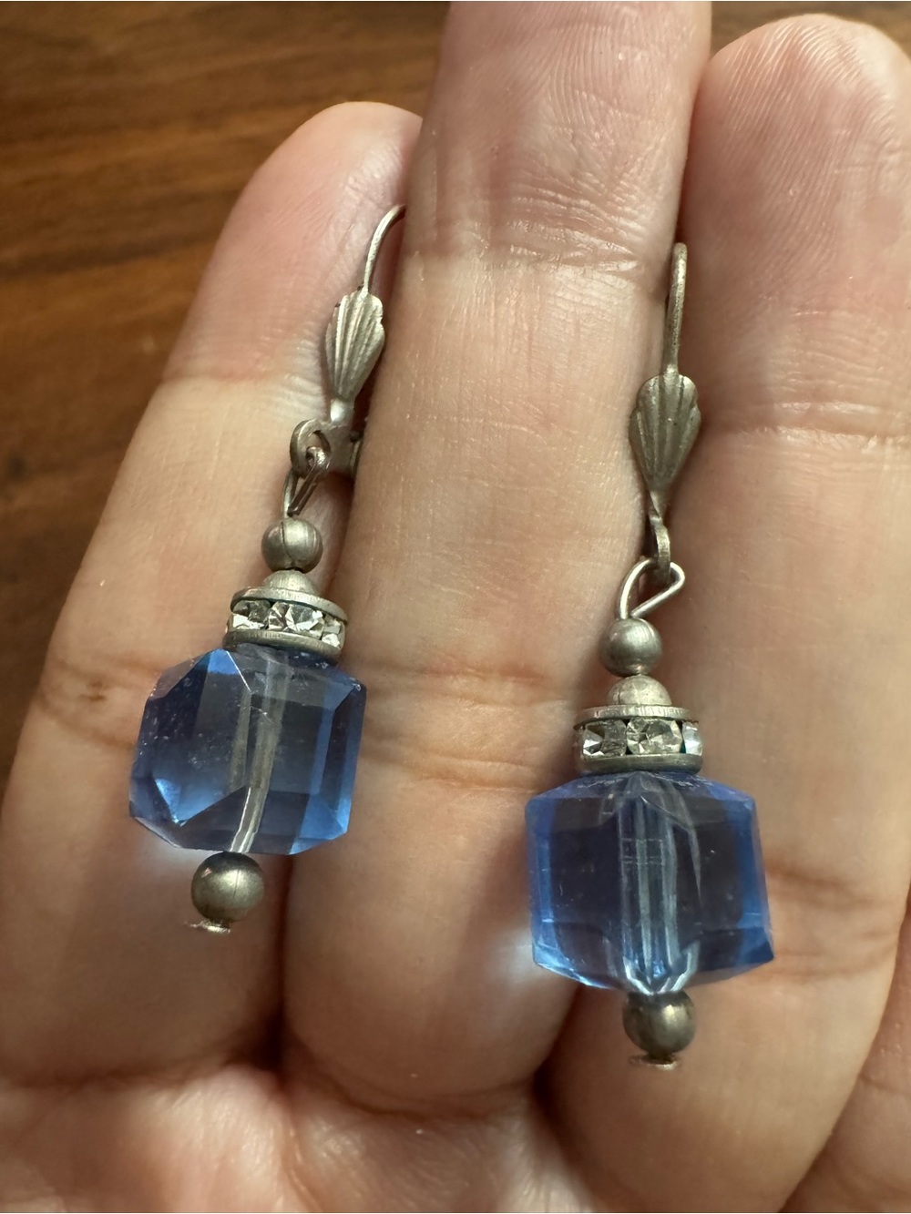 Vintage Silvertoned Blue Crystal Beaded Dangle Earrings  *READ*